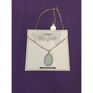 Light Blue Stone Teardrop Pendant Necklace On Gold Tone Satellite Station Chain